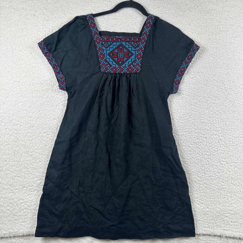 Madewell Embroidered Linen Shift Dress XS Black Boho Folk Peasant Festival